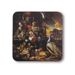 Coaster Flowers On A Fountain With A Peacock