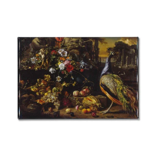 Flowers On A Fountain With A Peacock Magnet
